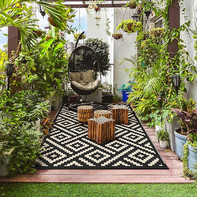 GENIMO Outdoor Rug, Waterproof Plastic Rugs for Patio, 8'x10' Black Beige | Outside Larger Modern Carpet Mat for Porch Decor, Deck, Balcony, Camping, RV, Backyard, Picnic, Beach, Reversible, Foldable