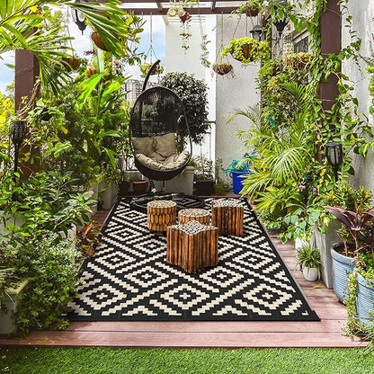 GENIMO Outdoor Rug, Waterproof Plastic Rugs for Patio, 8'x10' Black Beige | Outside Larger Modern Carpet Mat for Porch Decor, Deck, Balcony, Camping, RV, Backyard, Picnic, Beach, Reversible, Foldable
