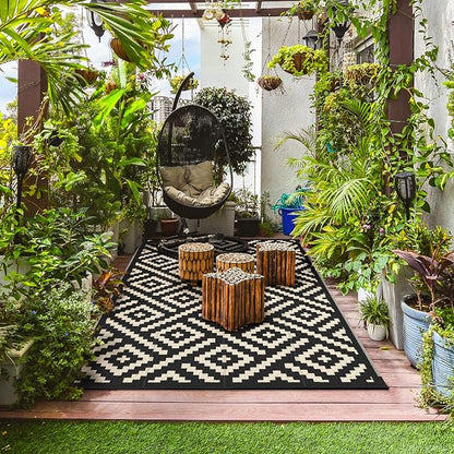 GENIMO Outdoor Rug, Waterproof Plastic Rugs 9'x12' for Camping Black Beige | Outside Larger Modern Carpet Mat for Porch Decor, Deck, Balcony, Camping, RV, Backyard, Picnic, Beach, Reversible, Foldable