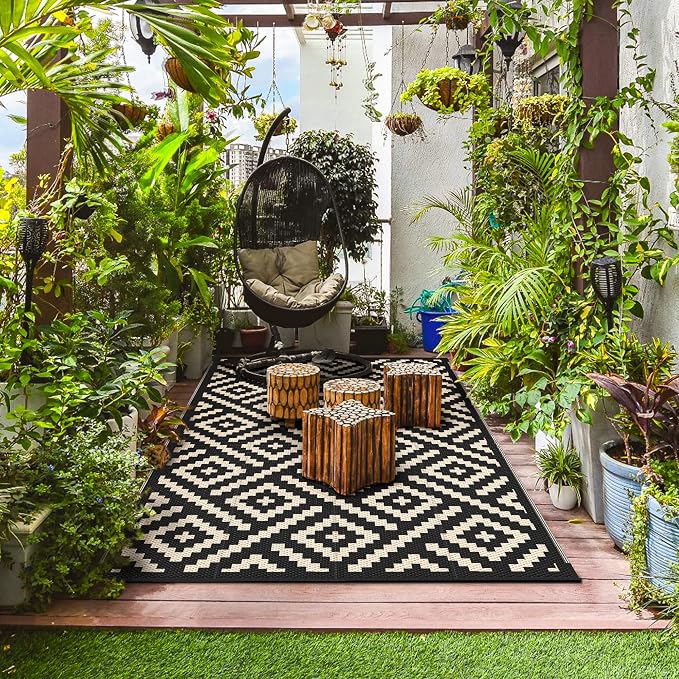 GENIMO Outdoor Rug, Waterproof Plastic Rugs for Patio, 6'x9' Black Beige | Outside Larger Modern Carpet Mat for Porch Decor, Deck, Balcony, Camping, RV, Backyard, Picnic, Beach, Reversible, Foldable