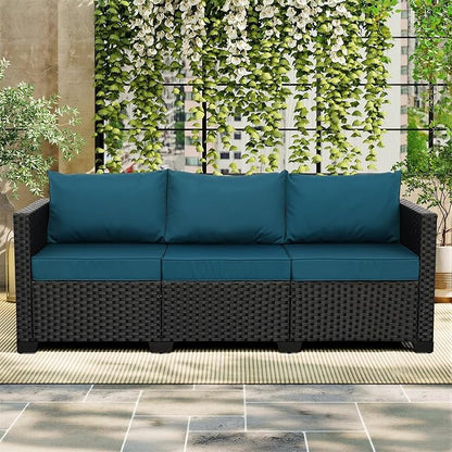 Rattan Star Outdoor Furniture Couch 3 Seater Sofa Outdoor Wicker Sofa Deep Seat High Backrest Patio Couch with Non-Slip Cushions Waterproof Cover, Peacock Blue