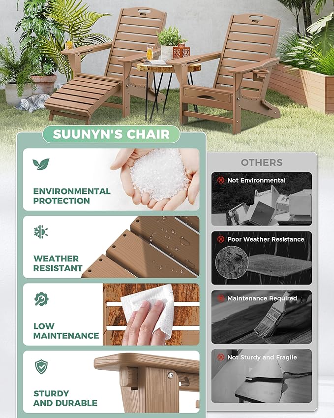 Adjustable Adirondack Chairs Set of 4 with Retractable Ottoman, HDPE Folding Adirondack Chair with Cup Holders, Weather Resistant for Backyard, Poolside & Fire Pit (Teak)
