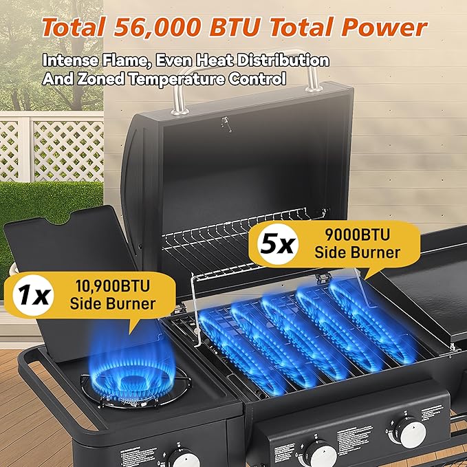 Outdoor Gas Grill with 6 Burners & Side Burner 59000 BTU Stainless Steel BBQ Grill Enamel-Coated Grates Side Tables for Backyard Patio Cooking Charcoal Grills & Smokers,A5