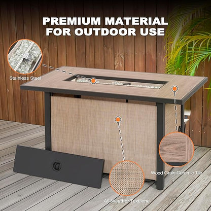 Nuu Garden 43 Inch Propane Fire Pit Table CSA Listed 50000 BTU Gas Fire Pit with Lid Glass Wind Guard and Fire Glass Beads 2 in 1 Rectangular Outdoor Fire Table for Patio Backyard Light Brown