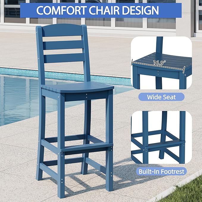 Shintenchi 3 Pieces Outdoor High Top Bar Set, 1 Patio High Top Round Table and 2 Bar Height Tall Adirondack Chair, All-Weather Outdoor Bistro Bar Set for Balcony Pool Deck, Blue