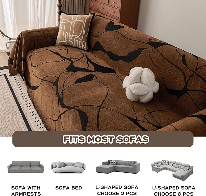MEETSKY Couch Cover Washable for Dogs, Chenille Loveseat Sofa Covers Pet Friendly Marble Patterned Couch Covers Thick Dark Brown Soft Slipcover, 71" x 118"