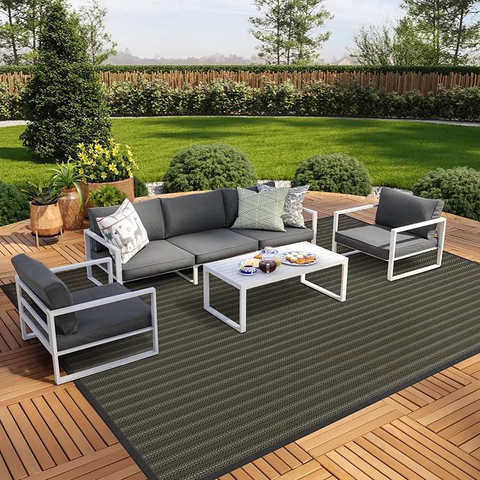 GENIMO Outdoor Rug, Waterproof Plastic Rugs for Patio, 9'x12' Ebony Brown | Outside Larger Modern Carpet Mat for Patio Decor, RV, Porch, Camper, Deck, Picnic, Beach, Backyard, Reversible, Foldable