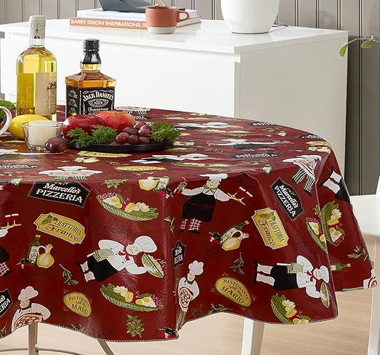 Newbridge 60 x 84 Inch Oval Vinyl Tablecloth with Flannel Backing, Italian Red Bistro Chef, Novelty Chef Indoor Outdoor Waterproof Table Cover for Picnic, Barbecue, Patio and Kitchen Dining