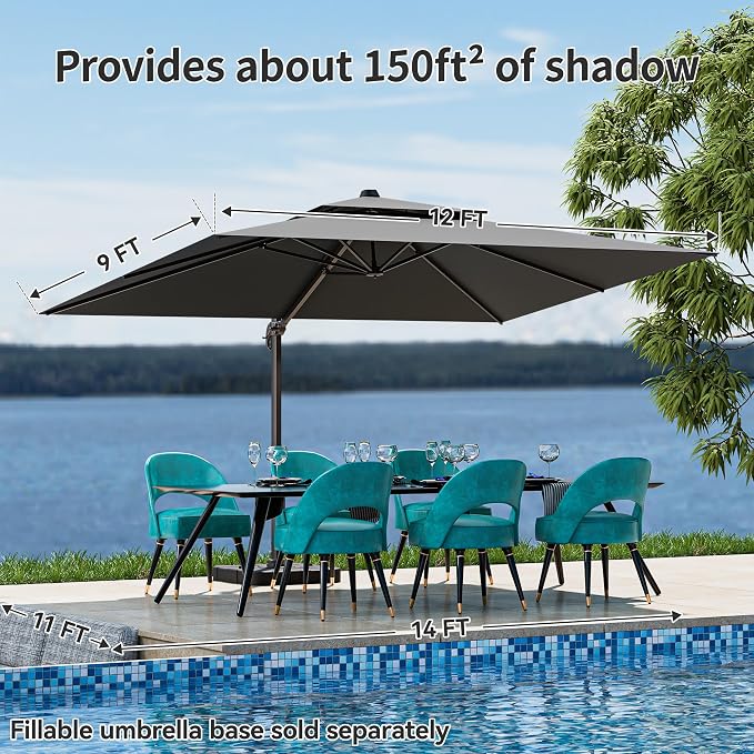 9x12FT Cantilever Patio Umbrella Heavy-Duty Aluminum | 360° Rotating Double Canopy Rectangular Offset Umbrella for Pool, Deck, Garden & Backyard, Grey
