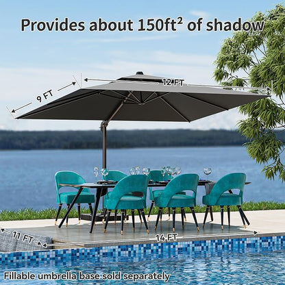9x12FT Cantilever Patio Umbrella Heavy-Duty Aluminum | 360° Rotating Double Canopy Rectangular Offset Umbrella for Pool, Deck, Garden & Backyard, Grey
