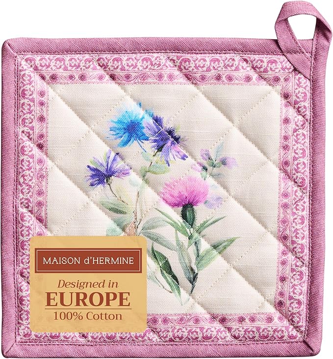 Maison d' Hermine Pot Holders 100% Cotton Heat Resistant Potholders 8" x 8" Hot Pads with Loop BBQ Cooking Baking Hotel Farmhouse Kitchen Handling Hot Pans Spring Summer (Pack of 1, Chardon)
