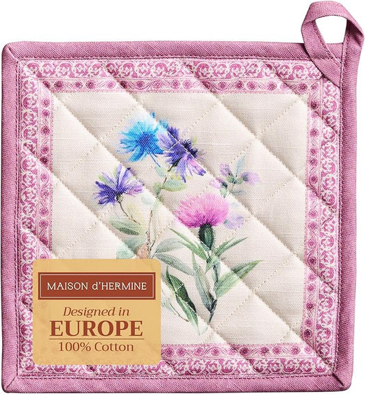 Maison d' Hermine Pot Holders 100% Cotton Heat Resistant Potholders 8" x 8" Hot Pads with Loop BBQ Cooking Baking Hotel Farmhouse Kitchen Handling Hot Pans Spring Summer (Pack of 1, Chardon)