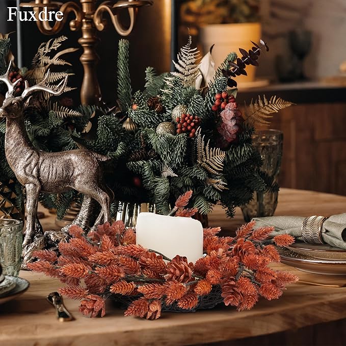 2 Pcs Christmas Candle Rings Wreaths, 10 Inch Candle Wreath with Artificial Red Pinecone, Christmas Candle Holder Indoor Decor for Home Kitchen Cabinets Centerpieces for Tables