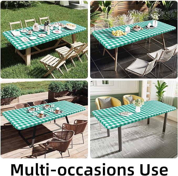 Smiry Rectangle Picnic Table Cloth, Elastic Waterproof Fitted Vinyl Tablecloths, Flannel Backed Buffalo Plaid Table Covers for Dining, Camping, Outdoor (White and Green, 36" x 72")