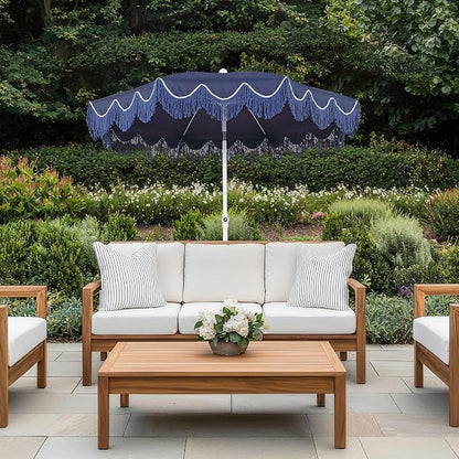 JONATHAN Y Mariner 6.5 ft. Solid Fringe Beach Umbrella, Navy/Blue | Push-Button Tilt, UV 50 Protection, Matching Carry Bag, White Iron Pole, Wind Vent, Scalloped Round Canopy