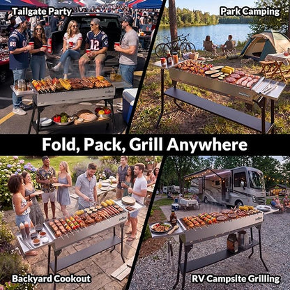 Charcoal Grill, Foldable Portable Camping Charcoal Grill, Stainless Steel BBQ Grill with Ceramic Grate, 2-in-1 Side Tables & Pull-Out Ash Pan Outdoor & Backyard Grill for Patio Cooking