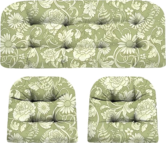 DANGHOOGY Wicker Chair Cushions, Waterproof Outdoor Loveseat Cushions for Patio Furniture, Tufted Wicker Furniture Cushions, 1 Loveseat and 2 U-Shaped Cushions (Green Rose)