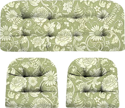 DANGHOOGY Wicker Chair Cushions, Waterproof Outdoor Loveseat Cushions for Patio Furniture, Tufted Wicker Furniture Cushions, 1 Loveseat and 2 U-Shaped Cushions (Green Rose)