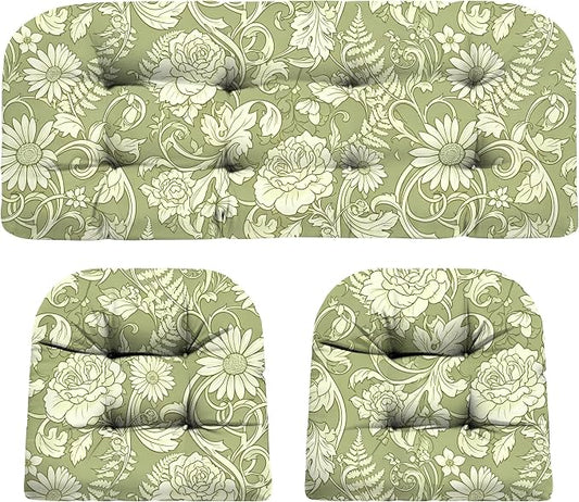 DANGHOOGY Wicker Chair Cushions, Waterproof Outdoor Loveseat Cushions for Patio Furniture, Tufted Wicker Furniture Cushions, 1 Loveseat and 2 U-Shaped Cushions (Green Rose)