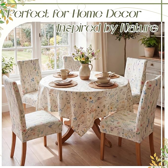 7 Pcs Wildflower Tablecloth and Chair Covers Set 60 x 84 Inch Summer Rectangle Washable Table Cover and Stretchable Seat Slipcovers for Home Dining Room Camping Wedding Party