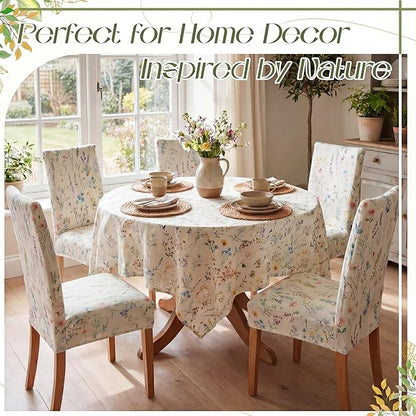 7 Pcs Wildflower Tablecloth and Chair Covers Set 60 x 84 Inch Summer Rectangle Washable Table Cover and Stretchable Seat Slipcovers for Home Dining Room Camping Wedding Party