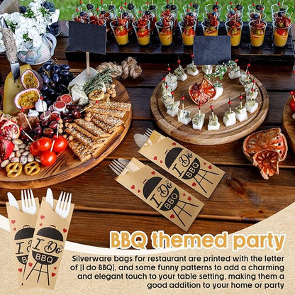 WILLBOND 400 Pcs I Do BBQ Decorations Kraft Paper Silverware Bags with Plastic Forks Knives Spoons Disposable Cutlery Utensil Holder for Wedding Party BBQ Restaurant Kitchen