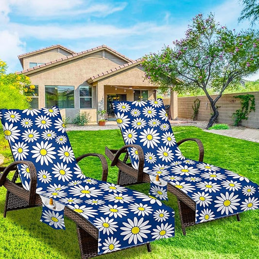 Lounge Chair Towel Cover, Beach Chair Cover (Pack of 2), Pool Lounge Chair Covers for Outdoor,Garden, Beach,Sun Lounger,Hotel Pool,Large Size and No Sliding, 85" X 30", Royal Blue Daisy