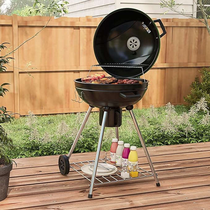 21" Kettle Charcoal BBQ Grill Trolley with 360 sq.in. Cooking Area, Outdoor Barbecue with Shelf, Wheels, Ash Catcher and Built in Thermometer for Patio, Backyard Party, Green