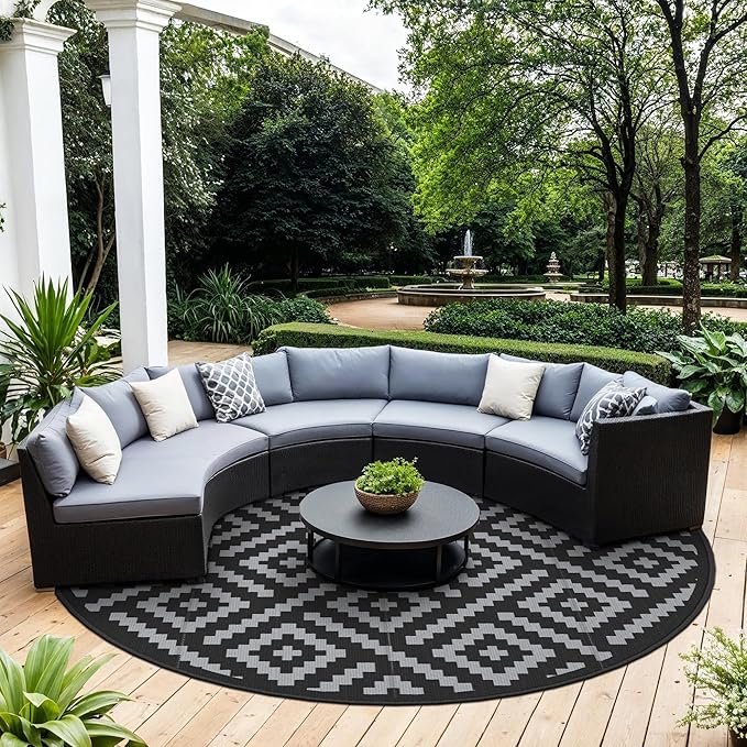 GENIMO Outdoor Rug, Waterproof Plastic Rugs for Patio, 10' Round Black Grey | Outside Larger Modern Carpet Mat for Deck Decor, Porch, Balcony, Backyard, Camping, Picnic, Beach, RV, Reversible, Foldable