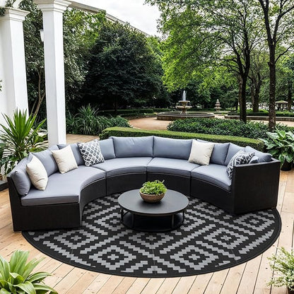 GENIMO Outdoor Rug, Waterproof Plastic Rugs for Patio, 10' Round Black Grey | Outside Larger Modern Carpet Mat for Deck Decor, Porch, Balcony, Backyard, Camping, Picnic, Beach, RV, Reversible, Foldable