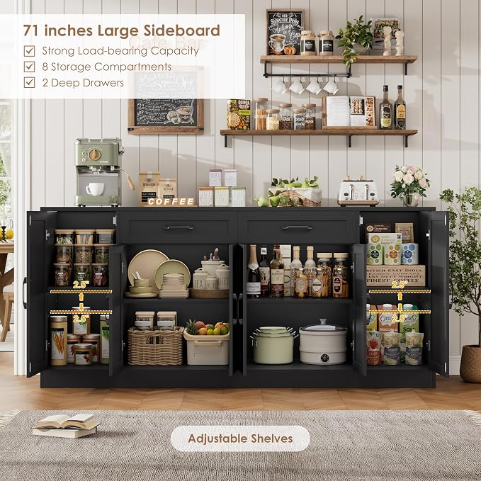 71” Large Buffet Cabinet with Storage, Sideboard Buffet Cabinet with Adjustable Shelves and 6 Soft-Close Doors, Wood Coffee Bar Console Table for Kitchen, Dining Room, Black | Sideboard 6 Soft-Close Doors, Wood Coffee Bar Console Table for Kitchen, Din...