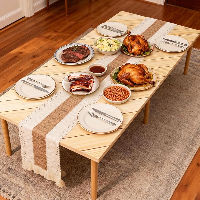 Folding Picnic Table with Boho Table Runner 60" x 30" Wooden Low Table, Portable for Indoor Outdoor Use Ideal for Camping Beach Weddings Garden Parties (Seats 6)