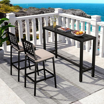 GIANTEX Outdoor Rectangle Bar Table with Counter Height, Slatted Top & Footrest, Heavy-Duty Metal Frame, 400Lbs Capacity, High Pub Table for Patio, Deck, Yard, Hot Tub, Balcony, Black (55")