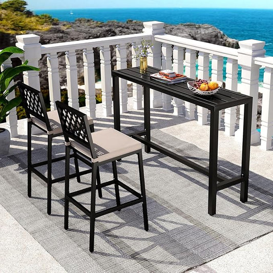 GIANTEX Outdoor Rectangle Bar Table with Counter Height, Slatted Top & Footrest, Heavy-Duty Metal Frame, 400Lbs Capacity, High Pub Table for Patio, Deck, Yard, Hot Tub, Balcony, Black (55")