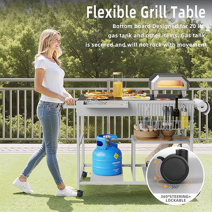 Vongrasig Pizza Oven Table with Topping Station, Patio Kitchen Island Outdoor Bar Cart, Outdoor Grill Cart with Storage for Blackstone Grill Ooni Pizza Ovens