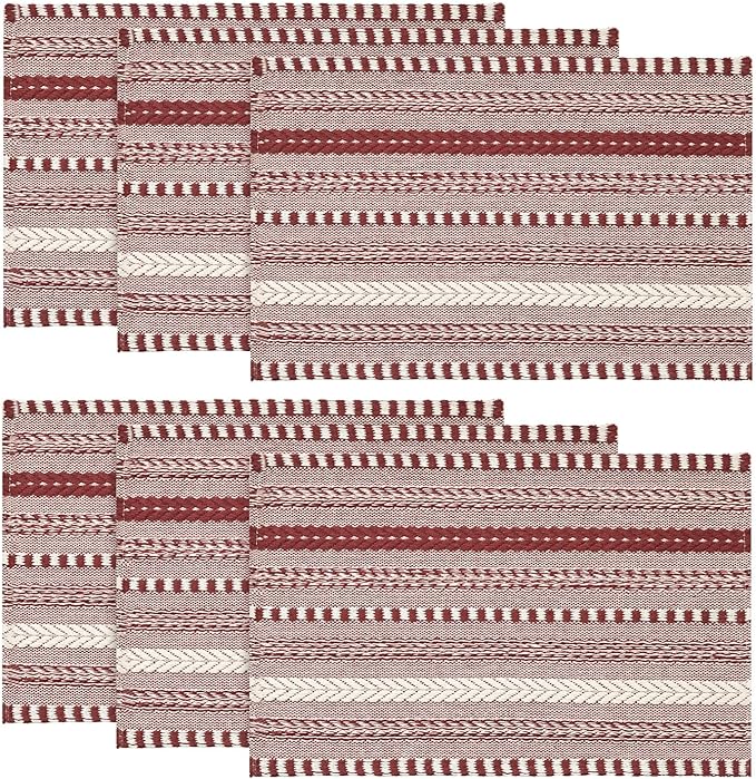 Artoid Mode Red Farmhouse Woven Braided Stripe Placemats Set of 6,12x18 Inch Seasonal Holiday Table Mats Party Kitchen Dining Decoration