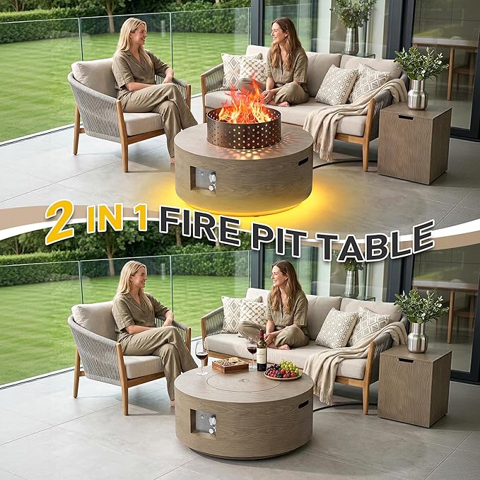 2-Piece Outdoor Propane Fire Pit Table Set w Tank Table 30'' Round Fire Pit Table w Wood Grain Firepit Table for Outside Patio Gas Fire Pit w 304 Stainless Steel Burner 50,000 BTU, Brown w Warm LED