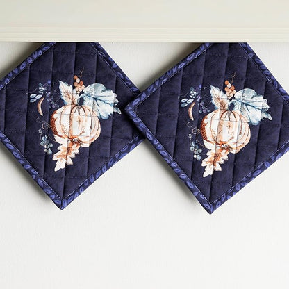 Maison d' Hermine Pot Holders Set 100% Cotton Heat Resistant Potholders 8" x 8" Hot Pads with Loop for Thanksgiving Christmas Decorations BBQ Baking Handling Hot Pans (Pack of 2, Pumpkin Blues)