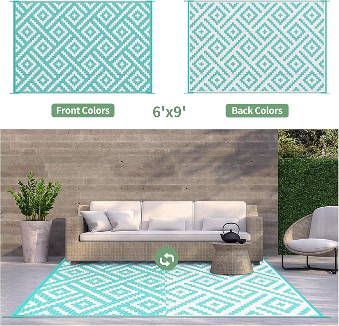 GENIMO Outdoor Rug, Waterproof Plastic Rugs for Patio, 6'x9' Mist Blue | Outside Larger Modern Carpet Mat for Porch Decor, Deck, Balcony, Camping, RV, Backyard, Picnic, Beach, Reversible, Foldable