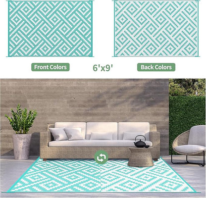 GENIMO Outdoor Rug, Waterproof Plastic Rugs for Patio, 6'x9' Mist Blue | Outside Larger Modern Carpet Mat for Porch Decor, Deck, Balcony, Camping, RV, Backyard, Picnic, Beach, Reversible, Foldable