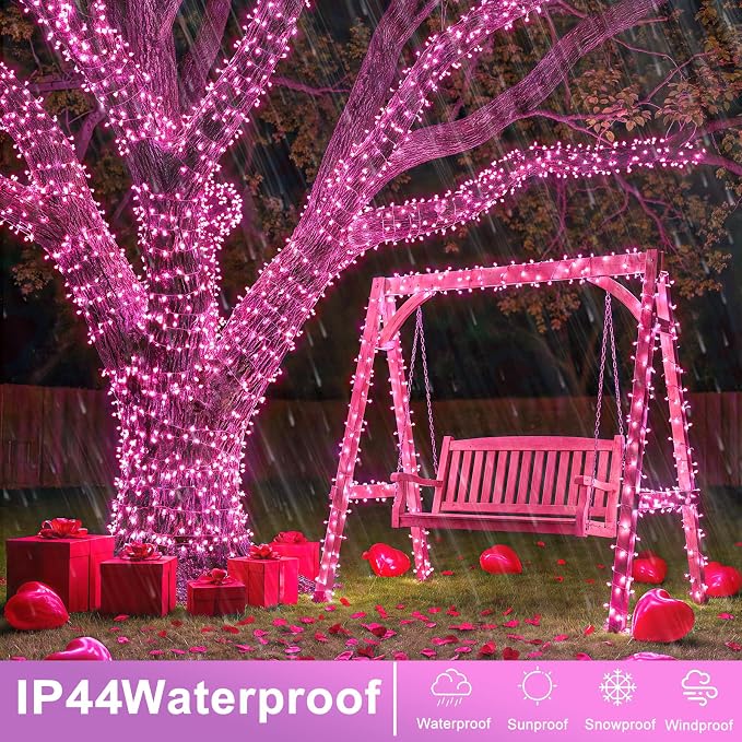 120 LED Outdoor String Lights, 40FT Christmas String Lights Indoor, Pink | Plug in Waterproof 8 Modes Clear Wire Twinkle Fairy Lights for Bedroom Outside Patio Yard Xmas Party Wedding Decorations