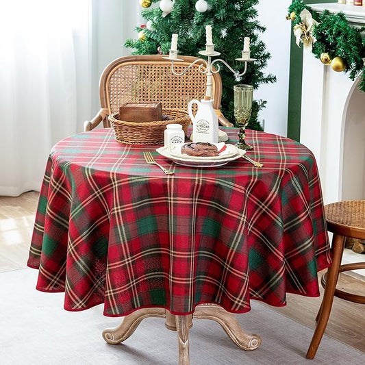Plaid Tablecloth for Christmas, Checkered Style Table Cloth Holiday Family Gathering Rectangle Table Cover - Spillproof & Waterproof - Ideal for Indoor & Outdoor Use, Round 60"