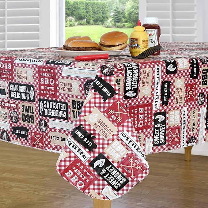 Mesquite BBQ Flannel Backed Indoor Outdoor Vinyl Table Linens, 52-Inch by 70-Inch Oblong (Rectangle) Tablecloth