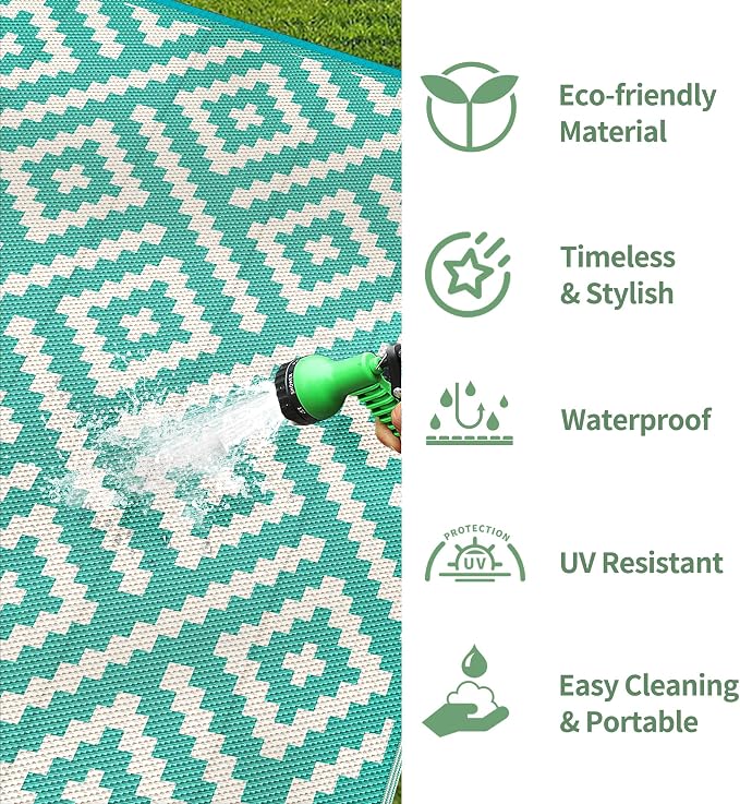 GENIMO Outdoor Rug, Waterproof Plastic Rugs for Patio, 6'x9' Lakegreen | Outside Larger Modern Carpet Mat for Porch Decor, Deck, Balcony, Camping, RV, Backyard, Picnic, Beach, Reversible, Foldable