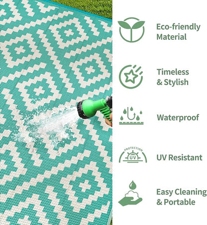 GENIMO Outdoor Rug, Waterproof Plastic Rugs for Patio, 6'x9' Lakegreen | Outside Larger Modern Carpet Mat for Porch Decor, Deck, Balcony, Camping, RV, Backyard, Picnic, Beach, Reversible, Foldable