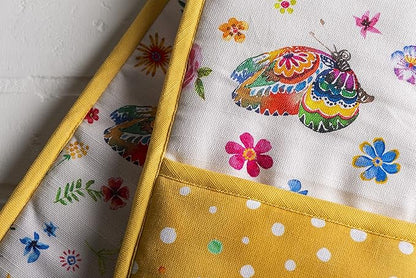 Maison d' Hermine Double Oven Mitts 100% Cotton 7"x35" Double Oven Mitt Heat Resistant BBQ Cooking Gloves with Loop Baking Grilling Kitchen Hotel Home Farmhouse Spring Summer (Happy Florals - Sweety)