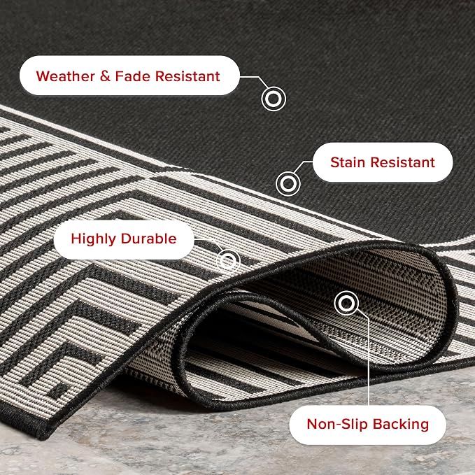 Nuloom Asha Black/Ivory, 8' x 10', Casual, Striped Border, Soft and Cozy, High Traffic, Stain Resistant, Easy Clean, Durable Area Rug for Indoor/Outdoor Patio, Deck, Porch, Garden, Courtyard