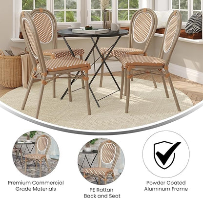 Flash Furniture Lourdes Indoor/Outdoor Commercial Thonet Bistro Stack Chair - NAT/White PE Rattan Back and Seat - Light Natural Bamboo Print Metal Frame - 4 PK