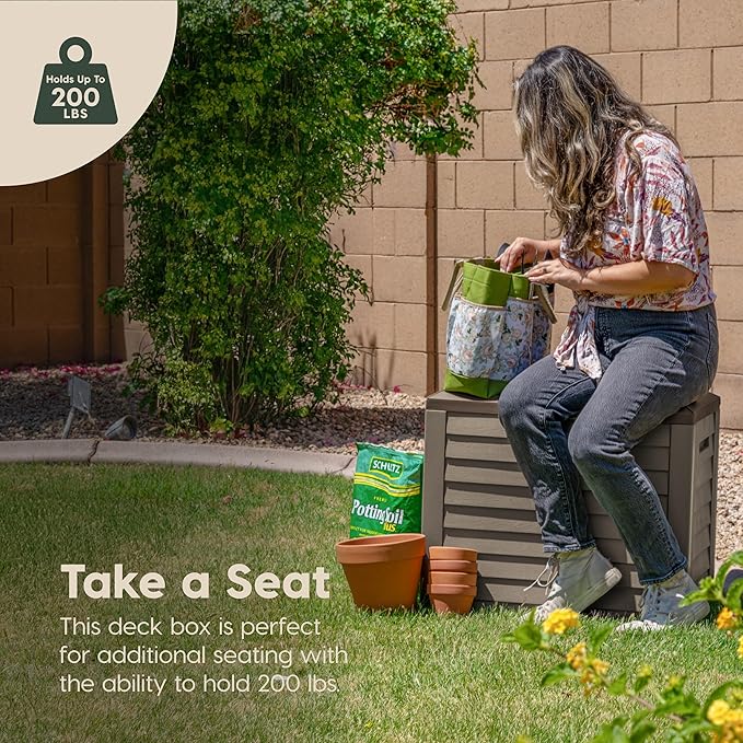 IRIS USA 35-Gallon Outdoor Deck Storage Box, Lockable & UV-Protected, Weather-Resistant Patio Storage for Cushions, Garden Tools & Packages, Waterproof Resin, Durable & Stylish Design - Brown
