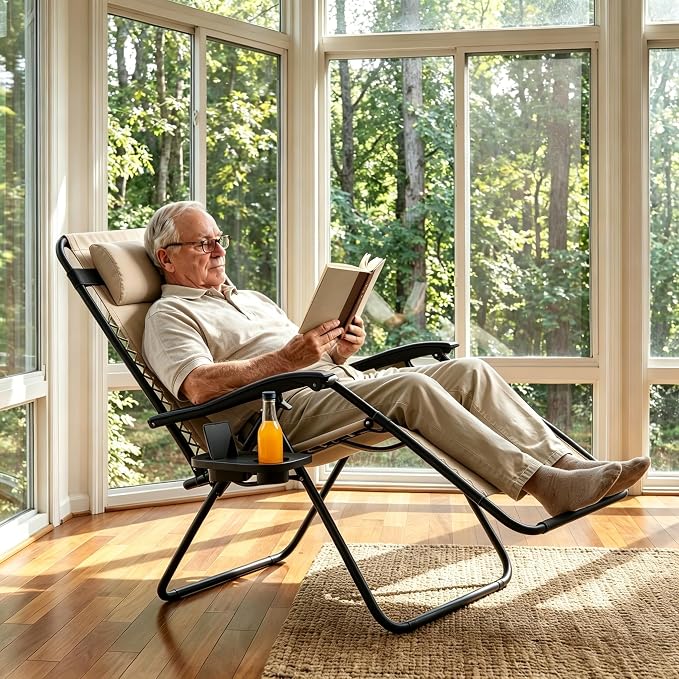 Adjustable Folding Lounge Chair, Portable Camping Chair for Adults with Headrest, Reclining Outdoor Chair with RemovableTray, Foldable Low Beach Chair for Camping, Picnic, Travel, Khaki